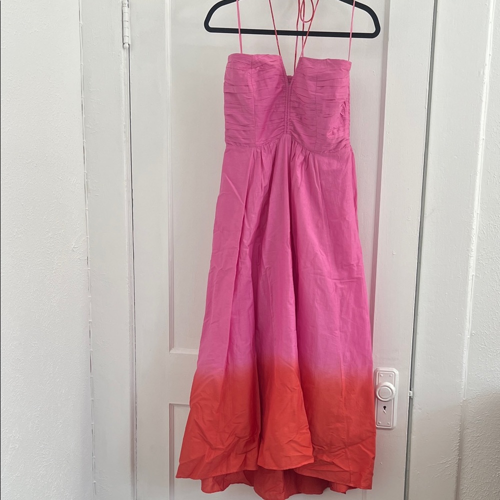 Elegant Maria Cher Corrientes Tori Midi Pink and Orange Ombré Dress